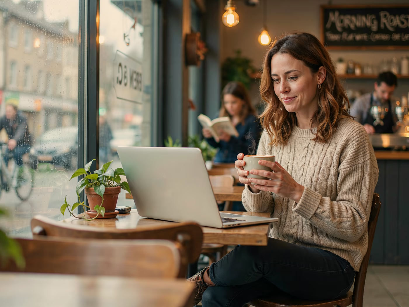 A person working on a job application at a cafe