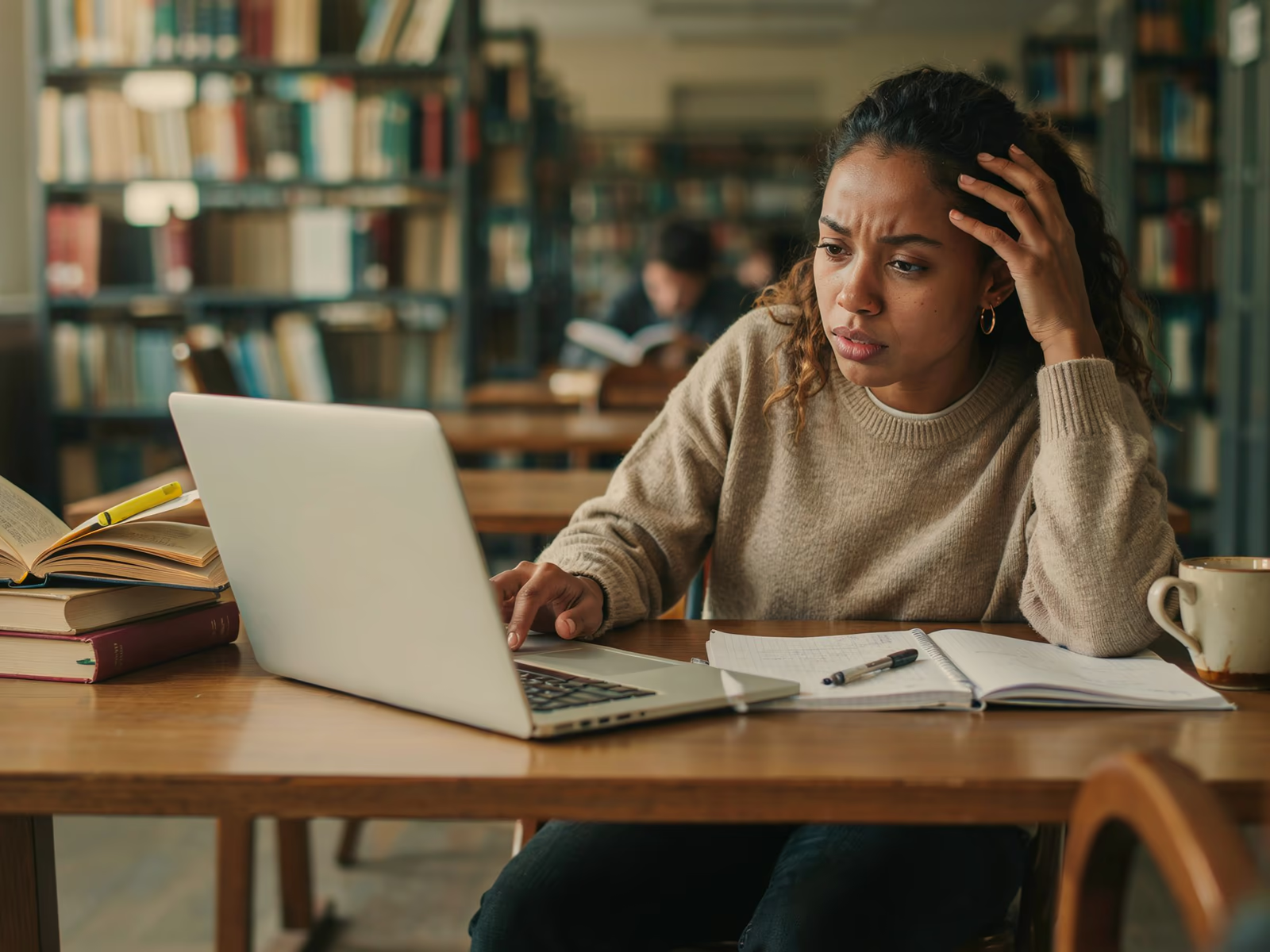 A job seeker looking stressed while working at a library laptop
