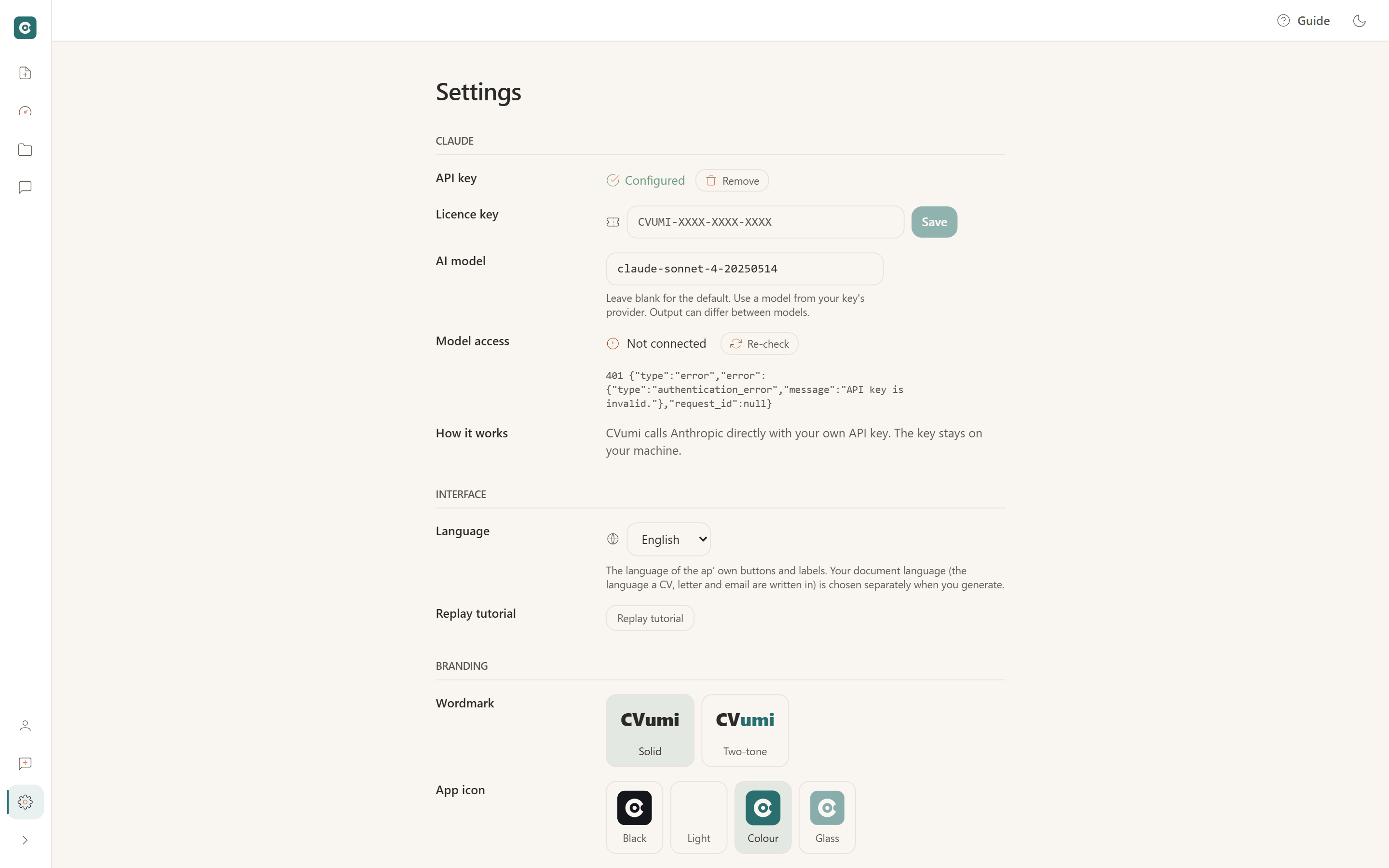 CVumi app screen